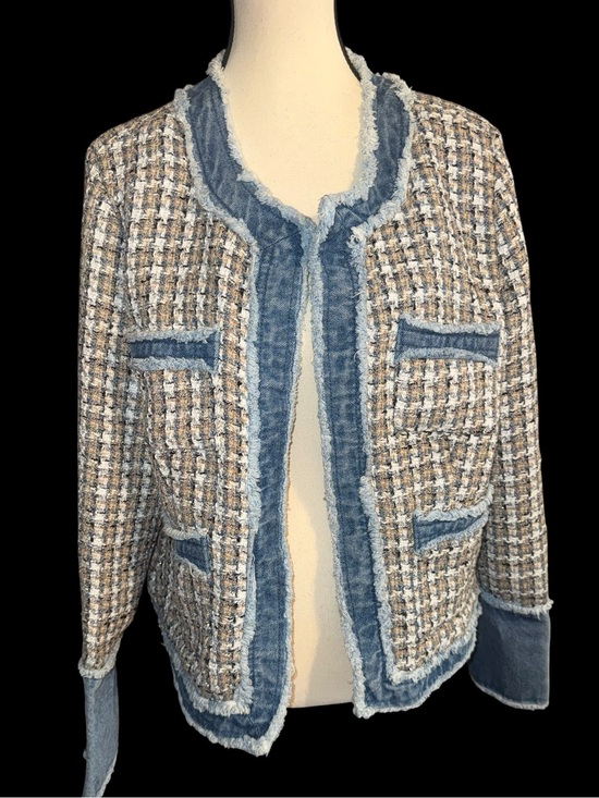 Nanette Lepore Jackets & Blazers - Nanette Lepore Tweed Denim Jacket Womens L Frayed Raw Edge Mixed Media Blazer